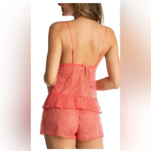 Linea Donatella New Sexy Basics Lace Cami & Shorts Lingerie Pajama Set - Coral - Picture 2 of 2